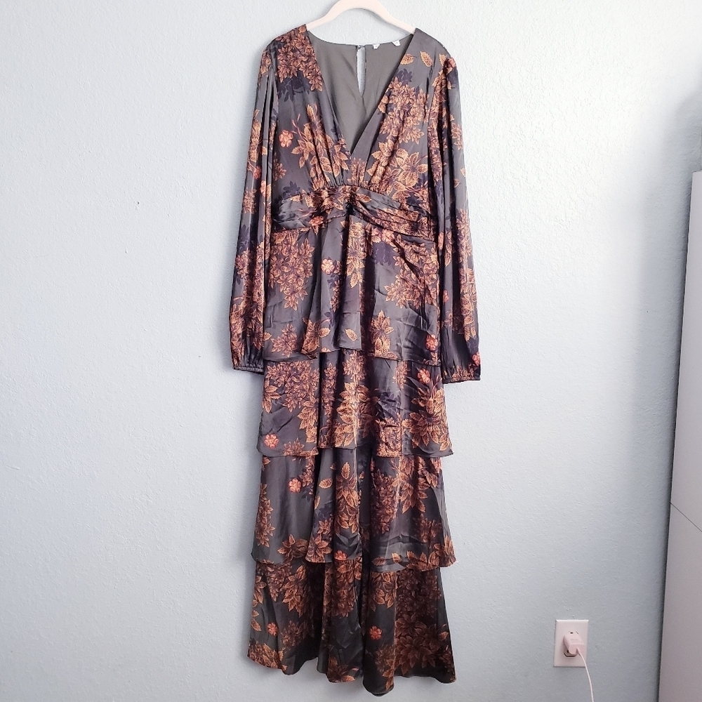 Baltic Born Olive Floral‎ Montrouge Tiered Satin Dress - Picture 2 of 5